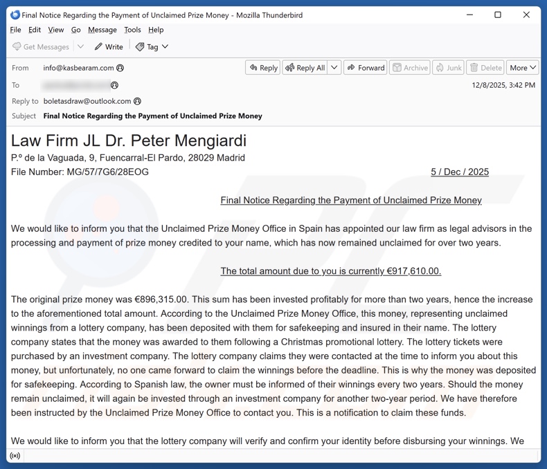 Unclaimed Prize Money campagne de spam par e-mail