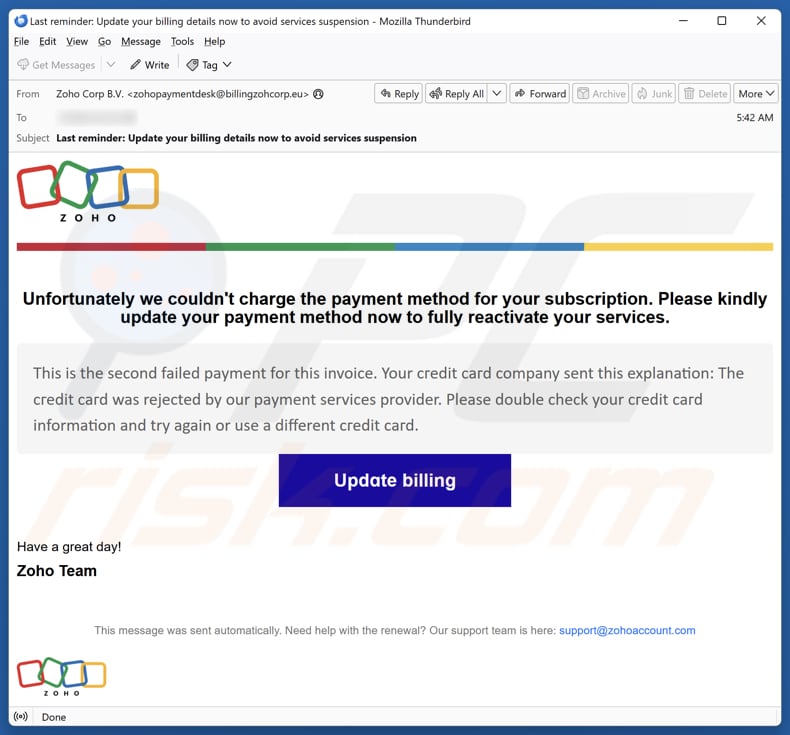 Zoho - Update Your Payment Method campagne de spam par e-mail