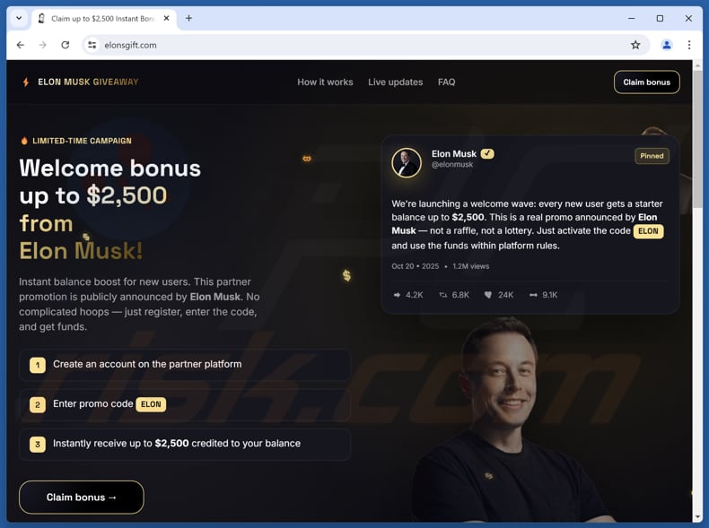 Arnaque Elon Musk Giveaway