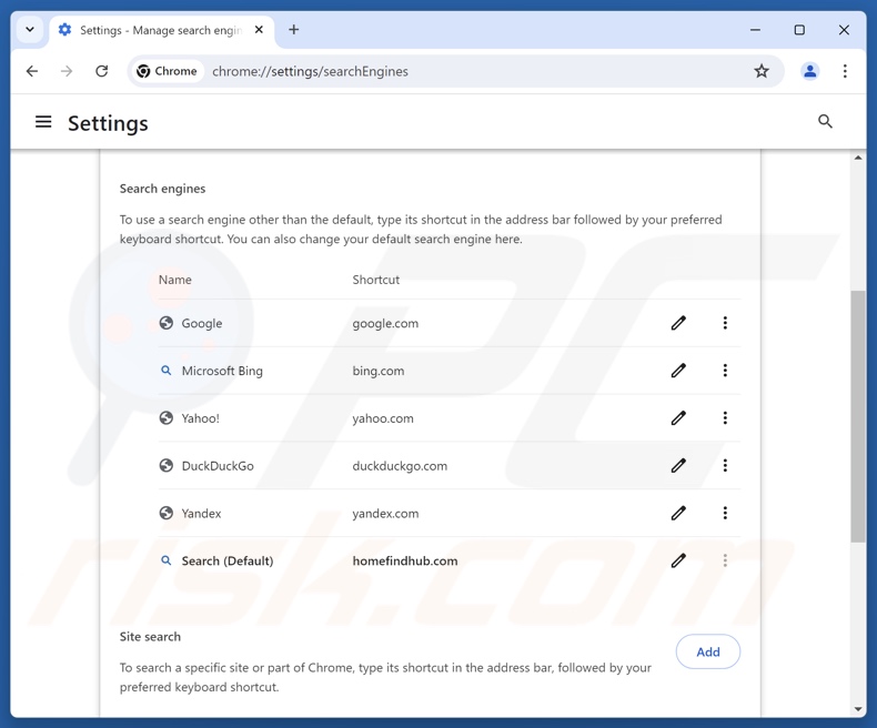 Supprimer homefindhub.com du moteur de recherche par défaut de Google Chrome