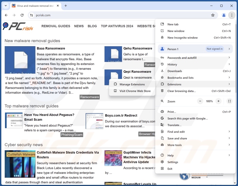 Suppression des extensions malveillantes de Google Chrome étape 1