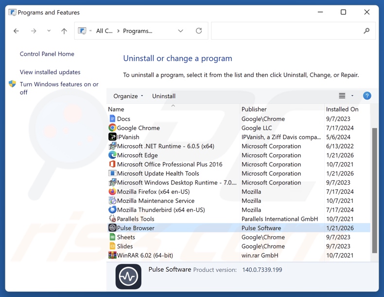 Désinstallation de Pulse via le Panneau de configuration
