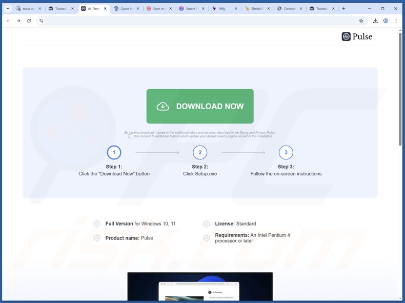 Site Web utilisé pour promouvoir le PUA Pulse 2