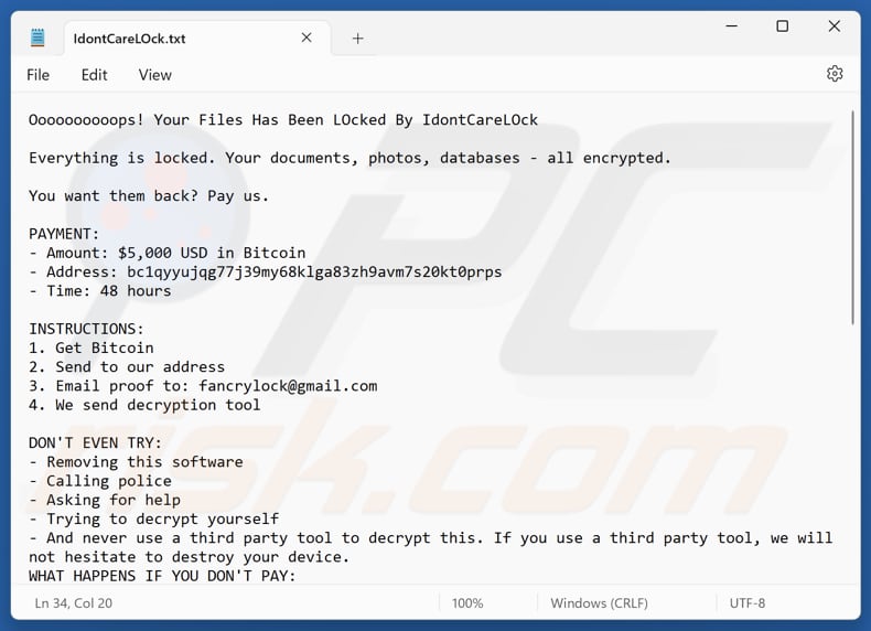 Fichier texte du rançongiciel IdontCareLOck (IdontCareLOck.txt)