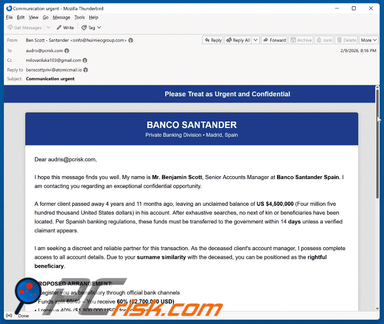 Santander Bank - Unclaimed Balance Apparence d'une arnaque par e-mail