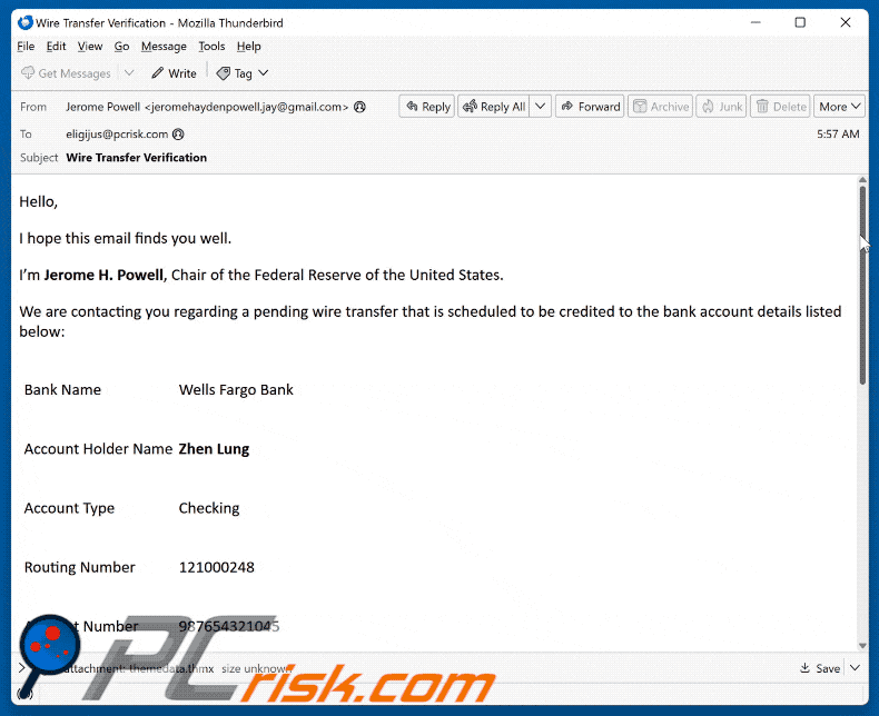 Wells Fargo - Pending Wire Transfer Apparence d'une arnaque par e-mail