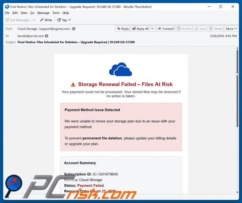 Cloud Storage Renewal Failed Présentation d'une arnaque par e-mail