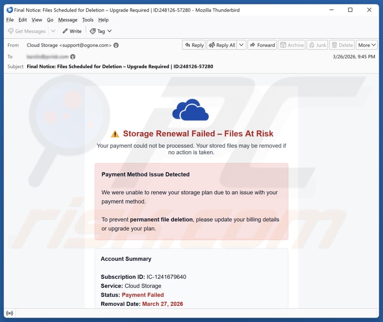 Cloud Storage Renewal Failed campagne de spam par e-mail