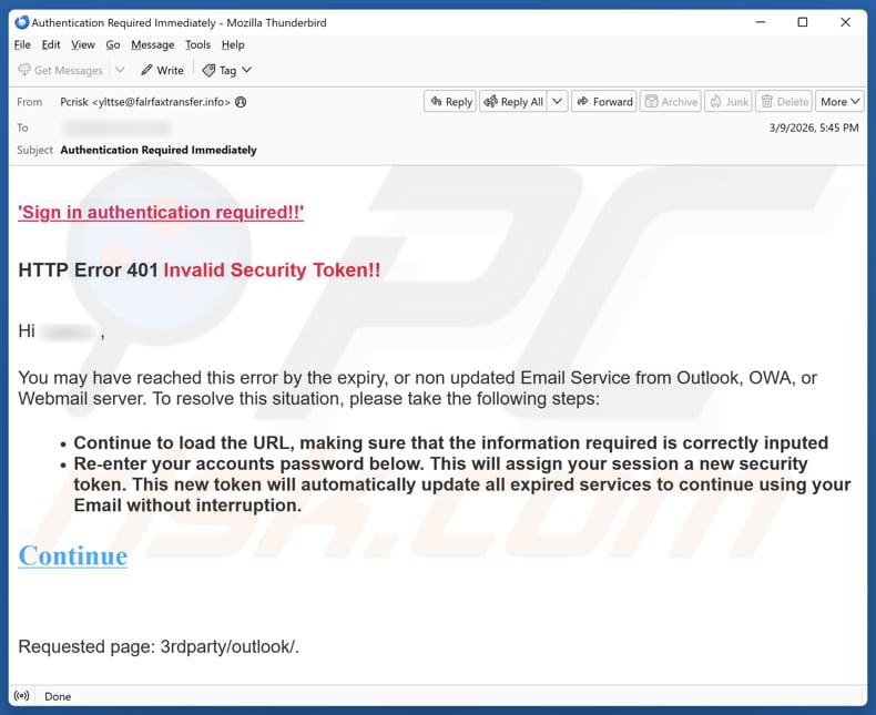 HTTP Error 401 Invalid Security Token campagne de spam par e-mail