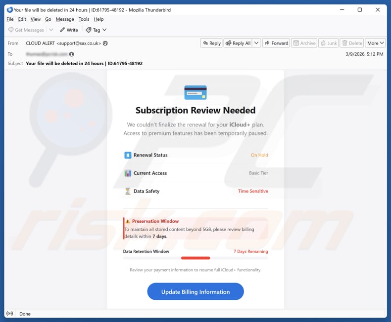 iCloud Subscription Review Needed campagne de spam par e-mail