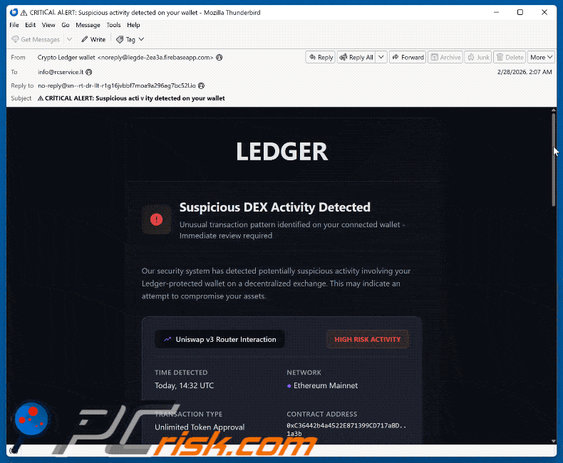 Ledger - Suspicious DEX Activity Detected Présentation d'une arnaque par e-mail