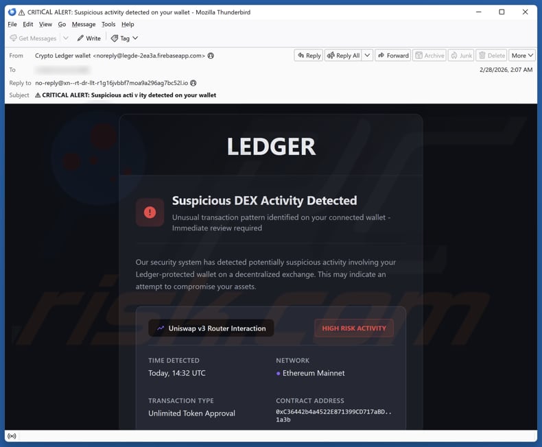 Ledger - Suspicious DEX Activity Detected campagne de spam par e-mail