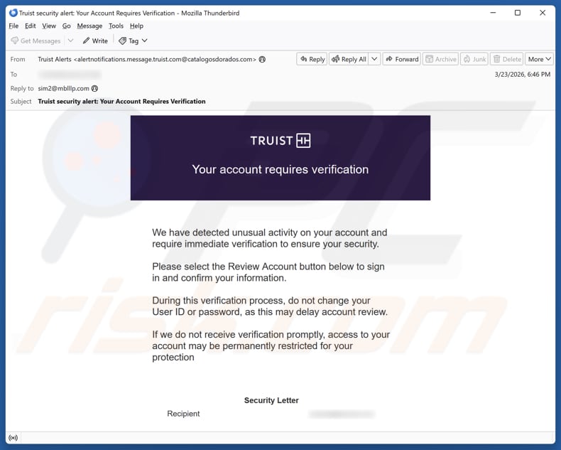 Truist - Account Requires Verification campagne de spam par e-mail