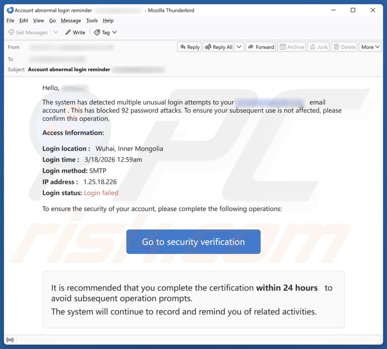 Unusual Login Attempts And Password Attacks campagne de spam par e-mail