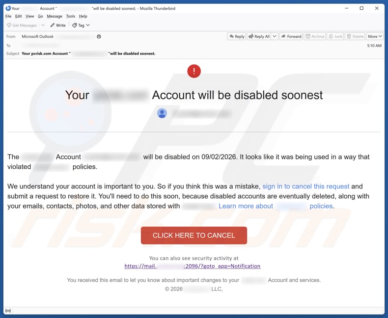 Your Account Will Be Disabled campagne de spam par e-mail