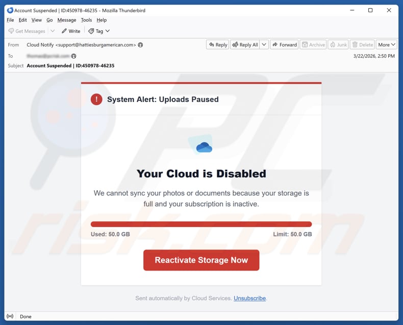 Your Cloud Is Disabled campagne de spam par e-mail