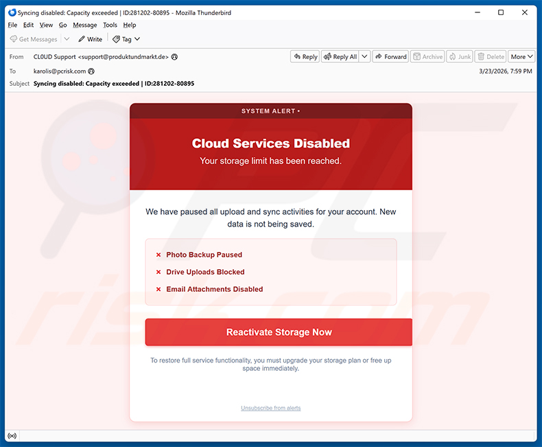 Your Cloud Is Disabled arnaque par e-mail (2026-03-24)