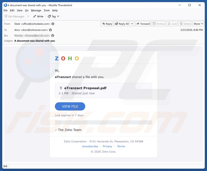 Zoho - File Shared With You campagne de spam par e-mail