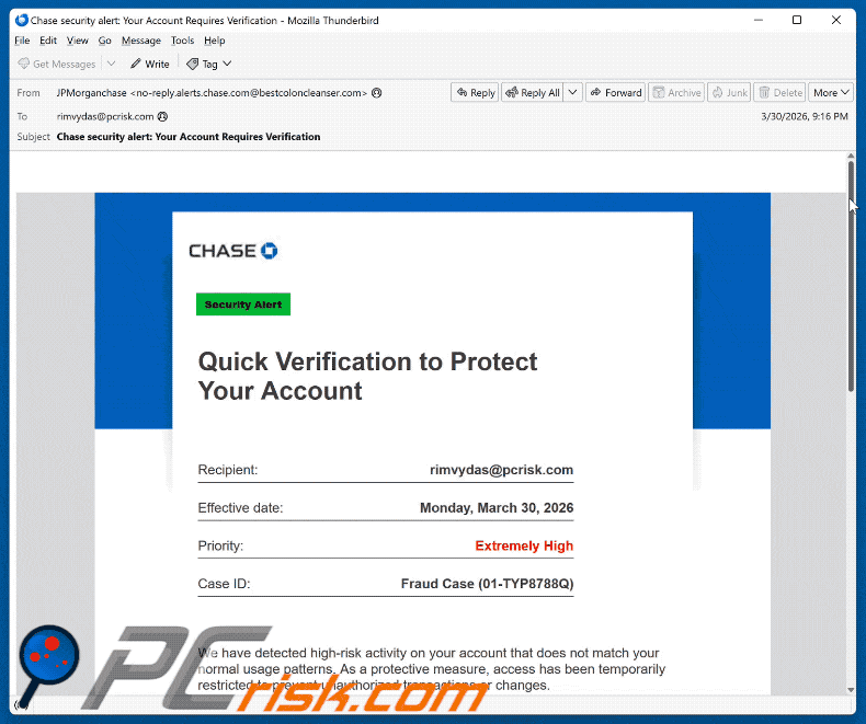 Apparence de l'arnaque par e-mail Chase - Verification To Protect Your Account