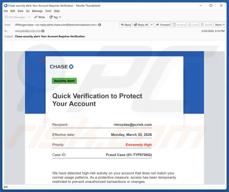 Campagne de spam par e-mail Chase - Verification To Protect Your Account