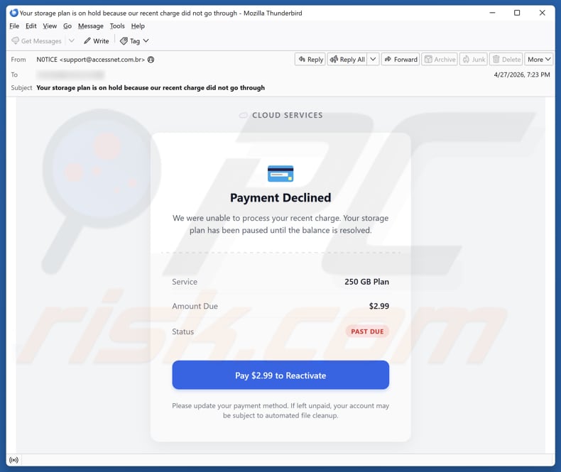 Campagne de spam par e-mail Cloud Services - Payment Declined