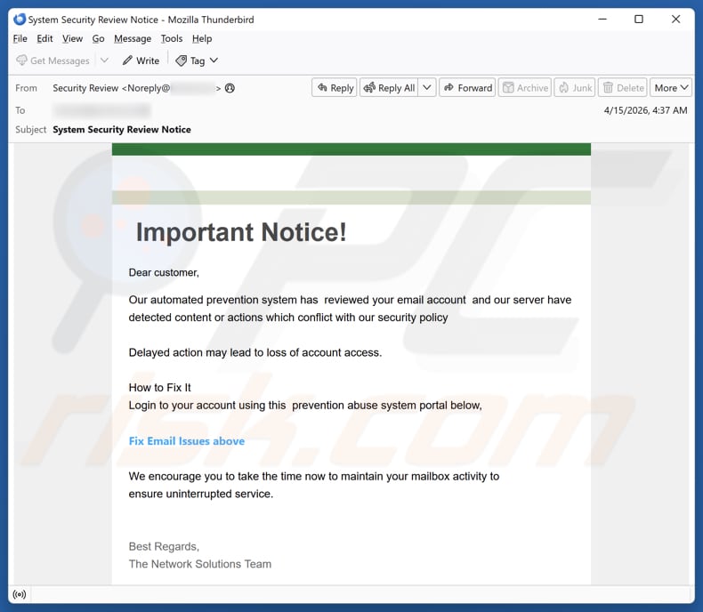 Campagne de spam par e-mail Content Or Actions Conflict With Our Security Policy