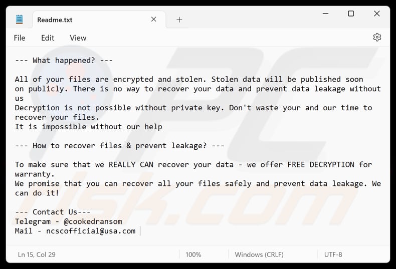 Fichier texte du rançongiciel Cooked (Readme.txt)