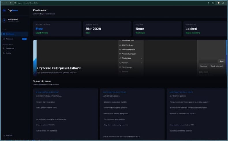 Panneau d'administration du RAT CrySome (source cyfirma.com)