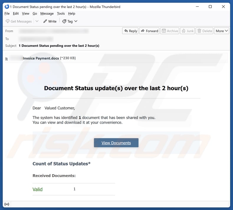 Campagne de spam par e-mail Document Status Update