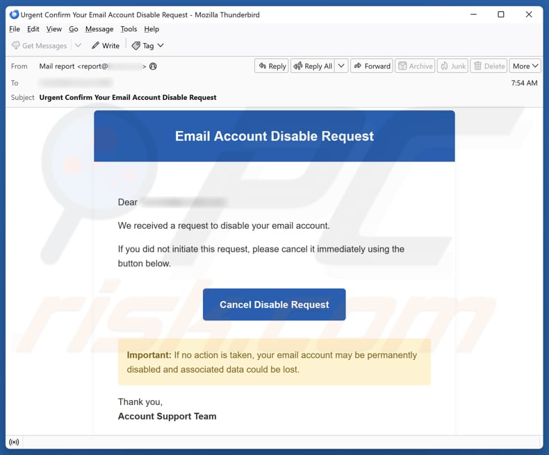 Campagne de spam par e-mail Email Account Disable Request