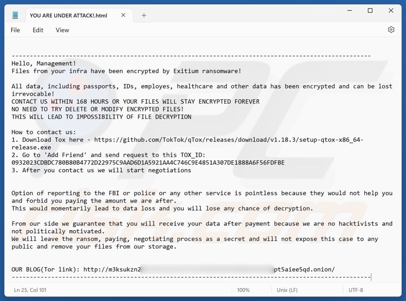 Rançongiciel Exitium fichier contenant la demande de rançon (YOU ARE UNDER ATTACK!.html)