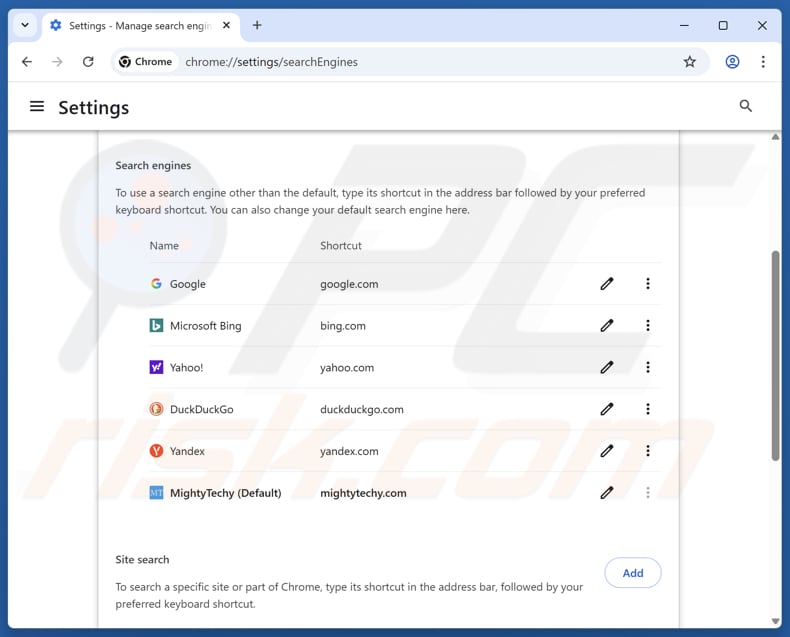 Suppression de mightytechy.com du moteur de recherche par défaut de Google Chrome