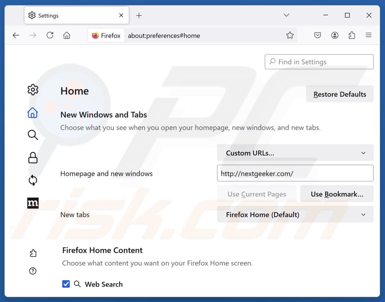 Suppression de nextgeeker.com de la page d'accueil Mozilla Firefox
