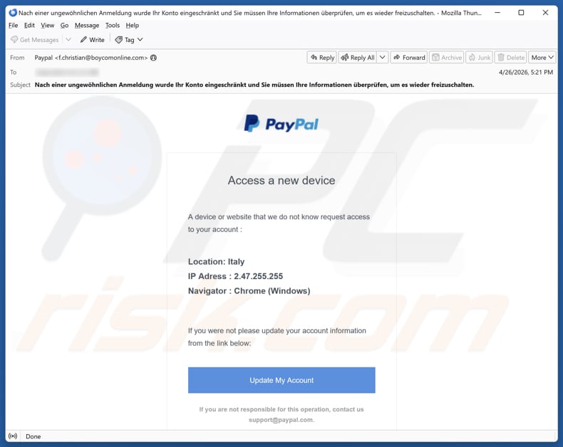 Campagne de spam par e-mail PayPal - Access From A New Device