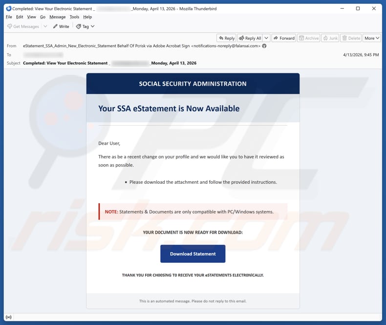 Campagne de spam par e-mail Social Security Administration (SSA) eStatement