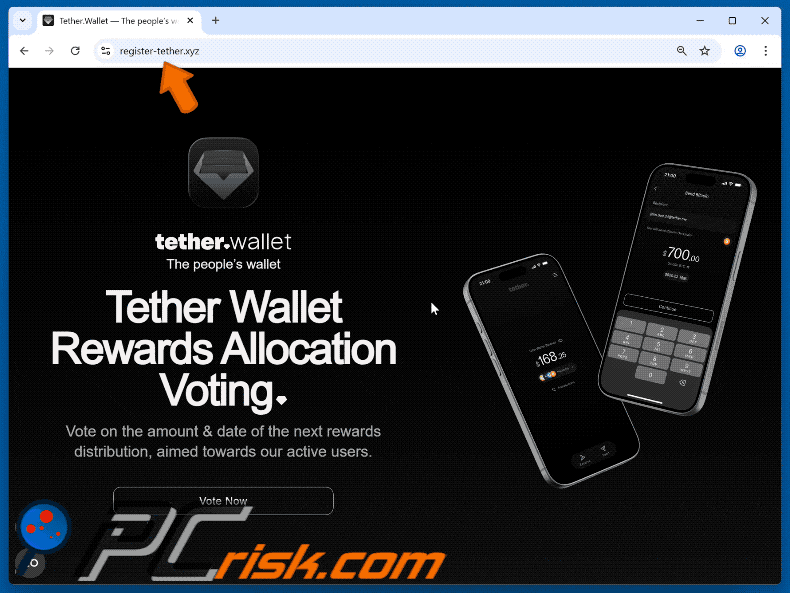 Apparence de l'arnaque Tether Wallet Voting Rewards