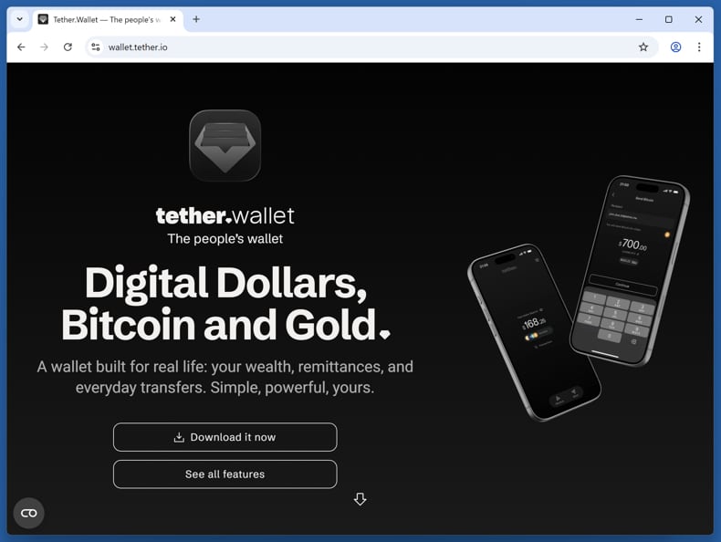 Arnaque Tether Wallet Voting Rewards - vrai site web du portefeuille (tether.io)