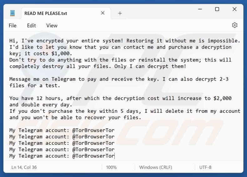 Fichier texte du ransomware TorBrowserTor (READ ME PLEASE.txt)