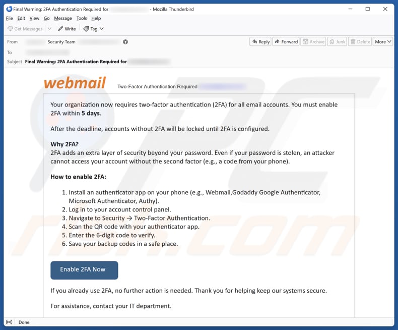 Campagne de spam par e-mail Webmail - Two-Factor Authentication (2FA)