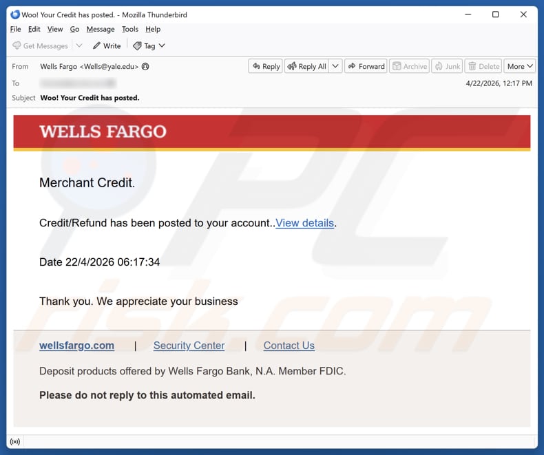 Campagne de spam par e-mail Wells Fargo Credit/Refund