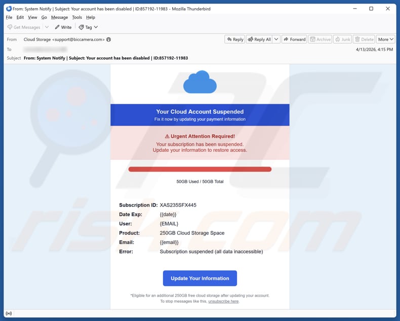 Campagne de spam par e-mail Your Cloud Account Suspended