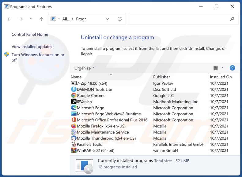 désinstallation du pirate de navigateur aisearchapp.net via le Panneau de configuration