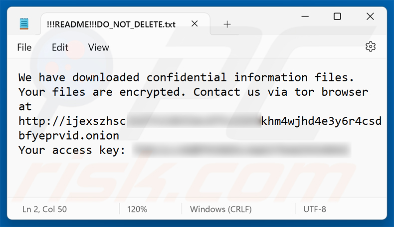Note de rançon du rançongiciel Aur0ra (!!!README!!!DO_NOT_DELETE.txt)