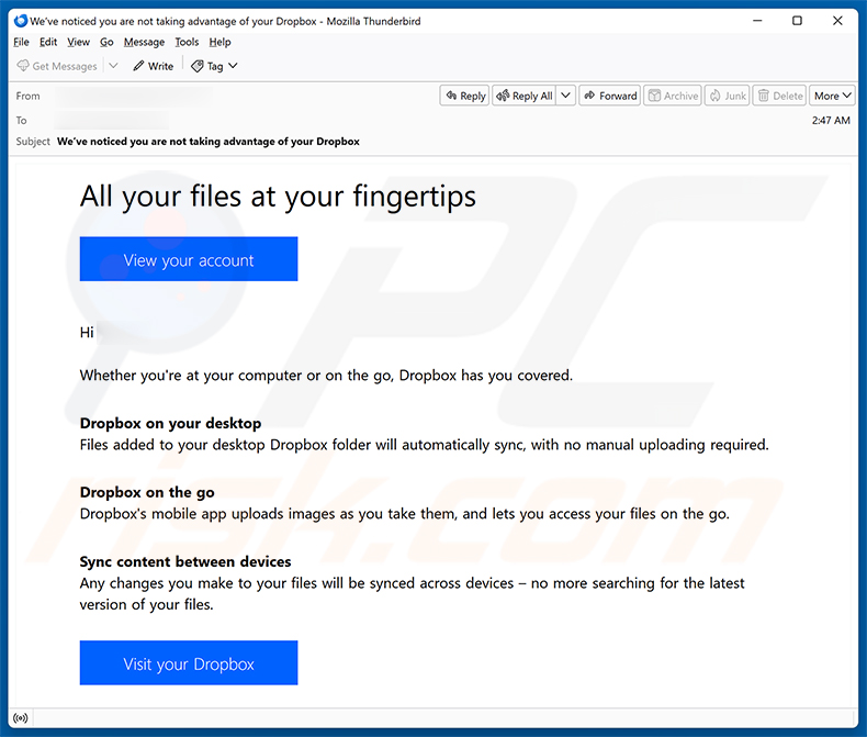 Campagne de spam Dropbox Service Usage Reminder arnaque par e-mail
