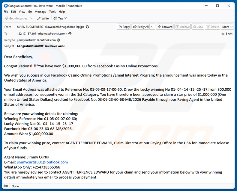 Campagne de spam par e-mail Facebook Casino Online Promotions