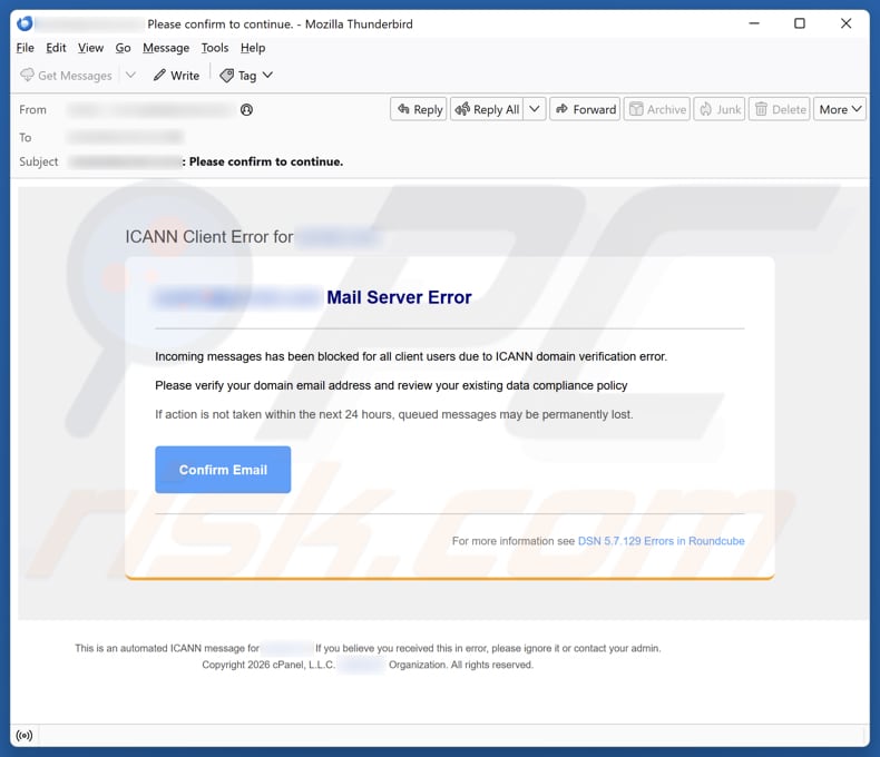 Campagne de spam par e-mail ICANN Client Error