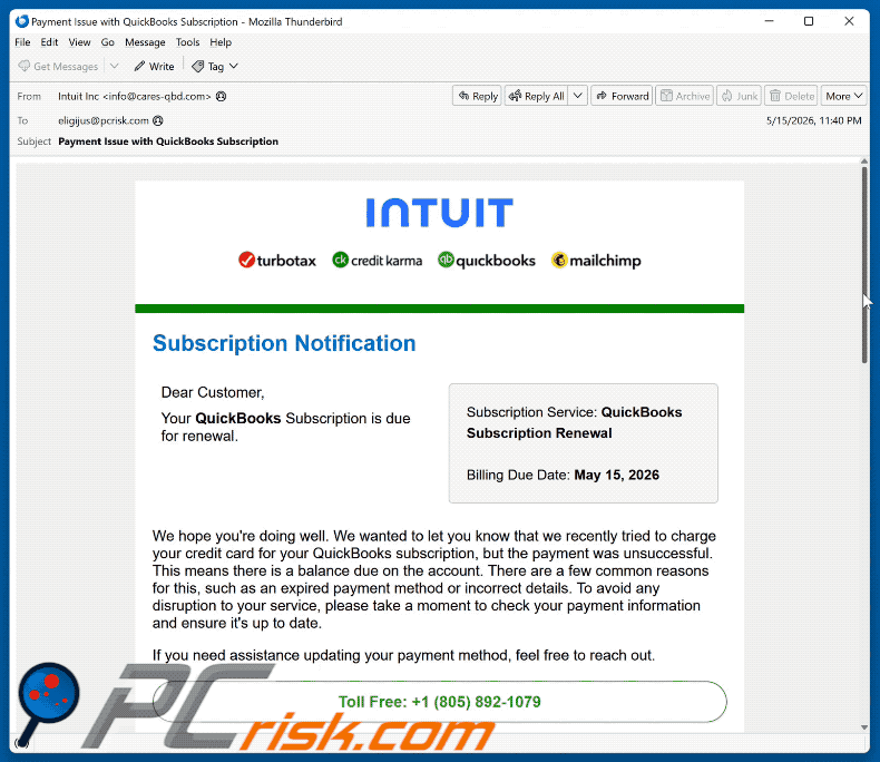 E-mail d'arnaque Intuit QuickBooks Subscription Is Due For Renewal (GIF)