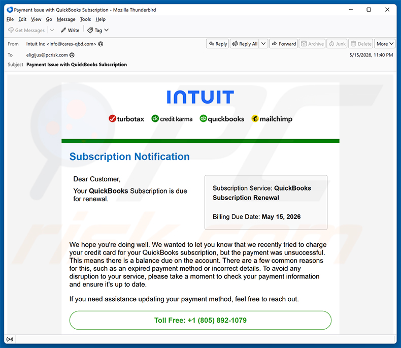 Campagne de spam par e-mail Intuit QuickBooks Subscription Is Due For Renewal