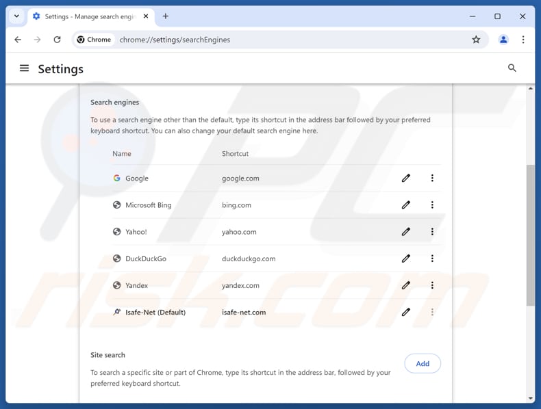 Suppression d'isafe-net.com du moteur de recherche par défaut de Google Chrome