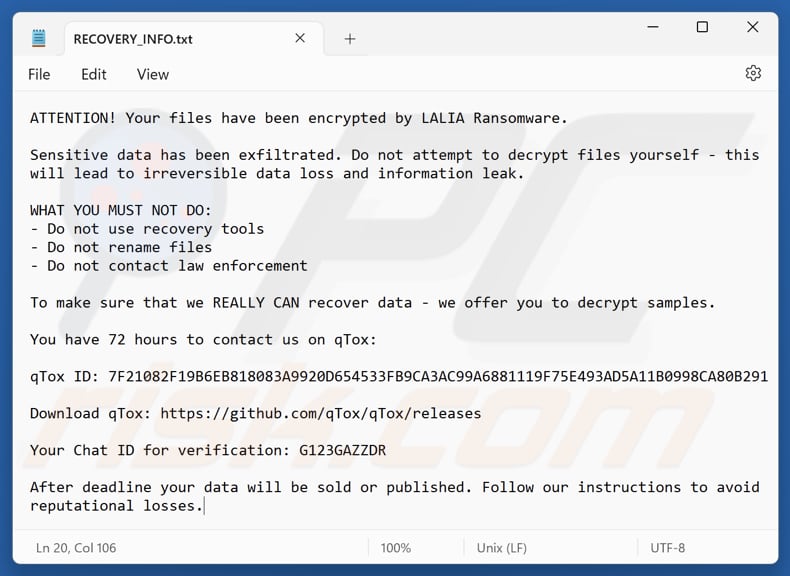 Fichier texte du ransomware Lalia (RECOVERY_INFO.txt)